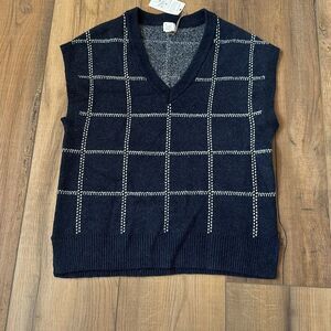 A New Day Sweater Vest Women Large Blue White Windowpane Sleeveless Pullover